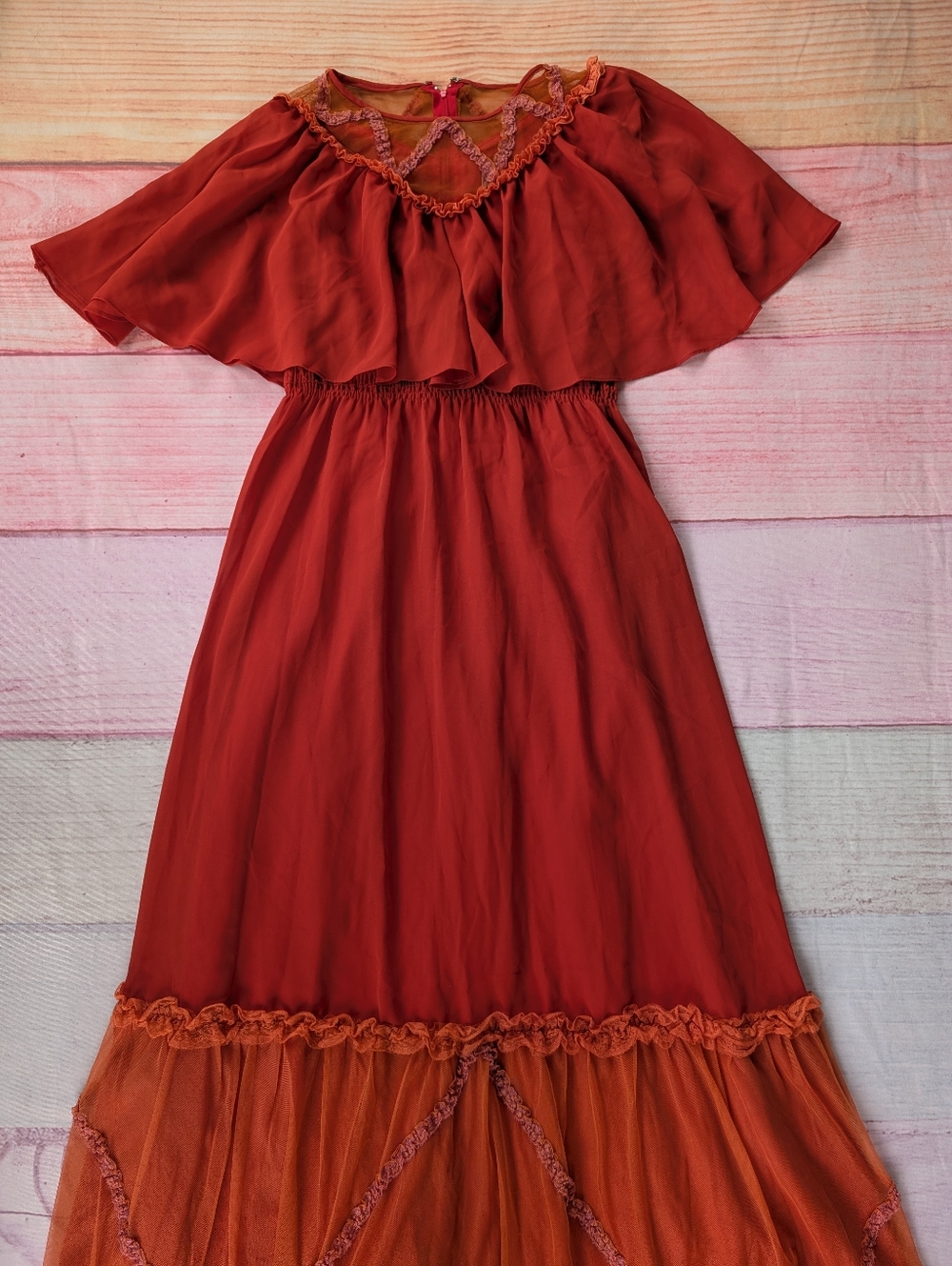 Vintage 70s/80s Prairie Dress Burnt Orange Boho Midi Ruffle Tulle Maxi Dress - Picture 3 of 10